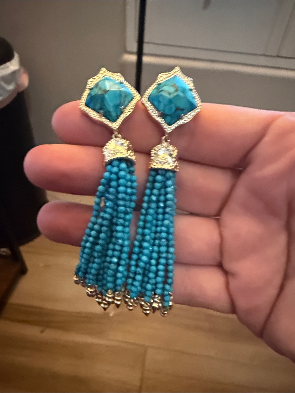Source Unknown Turquoise Bead Tassel Earrings with silver Accents